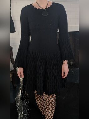 Alaïa Black Wool Jacqured Knit Dress with Flared Sleeves Size 36